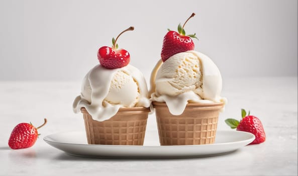 Two scoops of vanilla ice cream in waffle cones are topped with strawberries and are sitting on a white plate against a white background.
