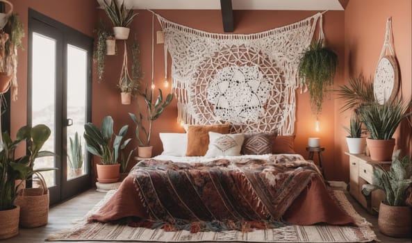 The bedroom is decorated in a boho style with plants, macrame, and warm lighting. The bed is unmade and features a patterned throw blanket. There are plants in the room, including a large potted plant in the corner and several hanging plants. There is also a macrame wall hanging above the bed and a small side table with a candle on it. The room has terracotta walls and warm lighting.