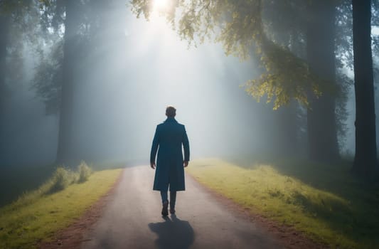 A man wearing a dark coat walks down a path in a forest. The path is lined with trees and grass. The forest is foggy and the sun is shining through the trees.
