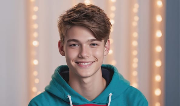 The image shows a young man wearing a blue hoodie with a red stripe near the bottom. He is smiling broadly as he looks directly at the camera. There are blurred lights in the background, suggesting a festive or celebratory setting.