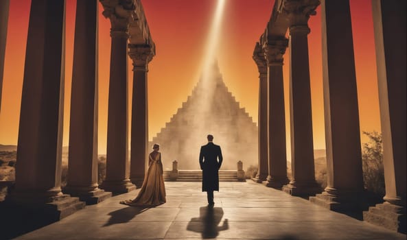 A man and woman walk towards a large pyramid structure in the distance, framed by a colonnade. The sun sets behind them, casting long shadows across the walkway. A beam of sunlight shines from the top of the pyramid down onto the walkway.