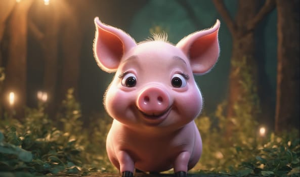 A small, pink piglet with large, brown eyes smiles at the camera. The piglet is sitting on a forest floor and has blurry trees and foliage in the background.
