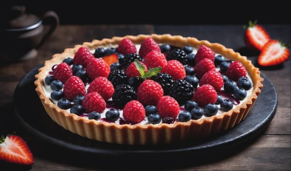 A freshly baked berry tart, filled with raspberries, blueberries, and blackberries, is displayed on a dark, rustic surface. The tart has a golden crust and is topped with a sprig of mint. The tart is surrounded by a few sliced strawberries.
