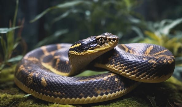 A black and yellow snake is coiled up on the ground. It is in a jungle setting, with green foliage in the background. The snake has a distinct pattern of black and yellow scales. It is resting peacefully and is not moving.