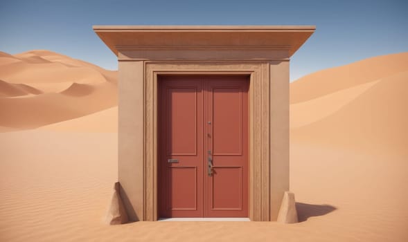 The image shows a red double door set in a white frame in a desert landscape. The frame appears to be a section of a building. The door is slightly ajar, and the sand from the desert is blowing into the doorframe.