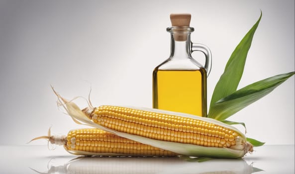 Two ears of corn are displayed on a white background next to a bottle of corn oil. The ears of corn are fresh and yellow, and the bottle of corn oil is filled with a clear, yellow liquid.