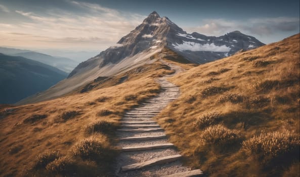 A winding stone path leads up a mountainside through tall grasses toward a snow-capped mountain peak. The sky above is cloudy with patches of blue. The sun shines through the clouds on the mountain peak and casts shadows across the hillside.