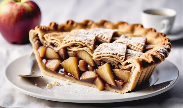 A slice of apple pie with a lattice crust is sitting on a white plate, dusted with powdered sugar. A whole apple can be seen in the background.