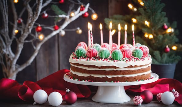 A delicious, multi-layered cake decorated with candy balls sits on a white cake stand in front of a festive Christmas tree. The cake is decorated with red and green candies and topped with white frosting. There are a few lit candles in the cake. Red and white Christmas ornaments decorate the table in front of the cake. The Christmas tree is decorated with Christmas lights and ornaments.