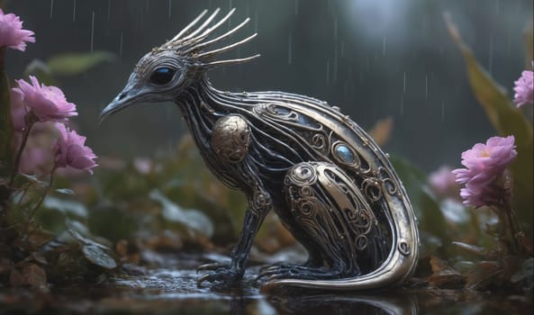 A metal bird with a long beak and a spiky crest sits in a lush, dark forest. The bird is constructed entirely of metal, with intricate designs and patterns throughout its body. The bird is perched on the ground near a small pool of water, and pink flowers are blooming behind it. Raindrops fall around the bird and the flowers, creating a misty atmosphere.
