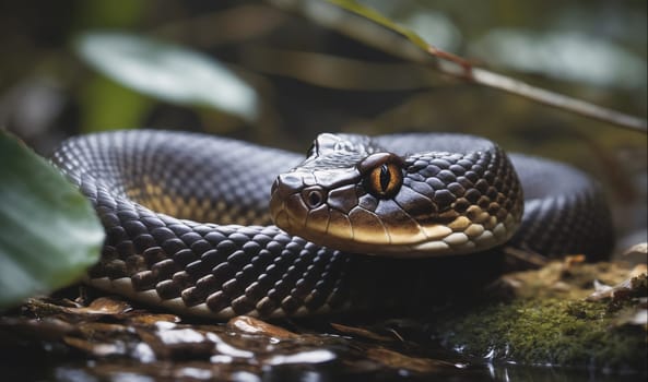 A black snake with a yellow eye rests on a log in a forest. The snake's body is coiled, and its head is raised, giving the impression that it is alert and ready to strike. The snake is surrounded by lush vegetation, and there is a small stream running nearby. The image captures a moment of stillness and suspense in the natural world.