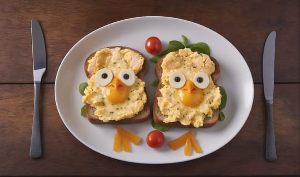 Two egg sandwiches are shaped like chicks on a white plate with a wooden table and two silver knives. Each sandwich has a slice of toast with scrambled eggs, a yolk, sliced pepper, and a cherry tomato for eyes. Carrots are used to make the legs.
