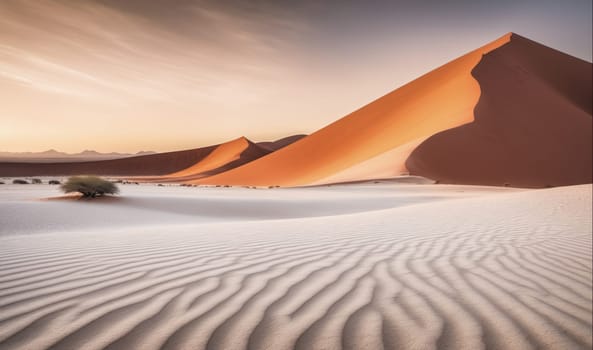 The image shows a large, red sand dune casting a long shadow across the white sand of the Namib Desert during sunrise. The foreground is filled with soft, white sand with ripples created by the wind. In the background, a large, red sand dune rises up in the distance, casting a long shadow over the landscape. The sky is a soft, golden color, and there is a small tree in the foreground.