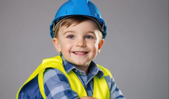 A young boy wearing a blue hard hat and yellow safety vest is smiling while posing for a photo. He has short brown hair and blue eyes. The background is a plain gray wall.