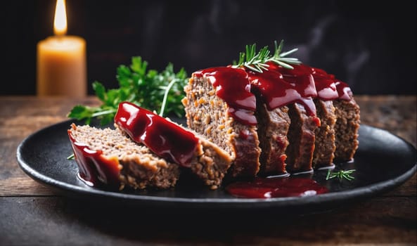 A sliced meatloaf with red gravy is on a black plate with a sprig of rosemary on top. The meatloaf is on a wooden table and there is a candle in the background.