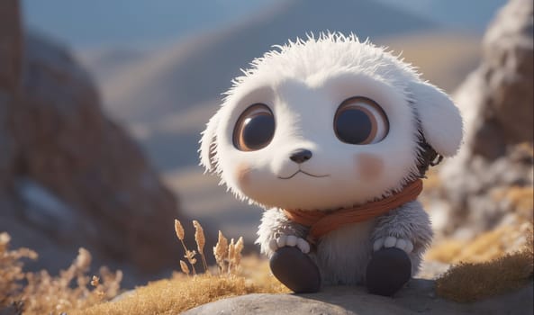 A white, furry creature with large, dark eyes sits on a rock. The creature is small and has a long, bushy tail. It is wearing a brown scarf around its neck. The creature is sitting on a rock in a field with dry grass and a large rock in the background. The sky is blue and sunny.