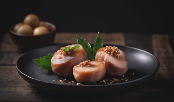 Three pieces of grilled fish are arranged on a black plate with sesame seeds and green leafy garnishes. The plate is on a wooden surface with a bowl of eggs out of focus in the background.