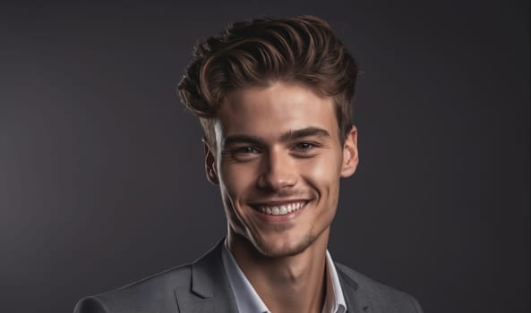 A man with brown hair and a light complexion is wearing a gray suit jacket and a white undershirt. He is smiling, showing his white teeth. The background is a dark gray.