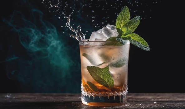 A glass filled with ice and a brown liquid is garnished with a sprig of mint. The drink is on a wooden surface. A blue background is blurred.
