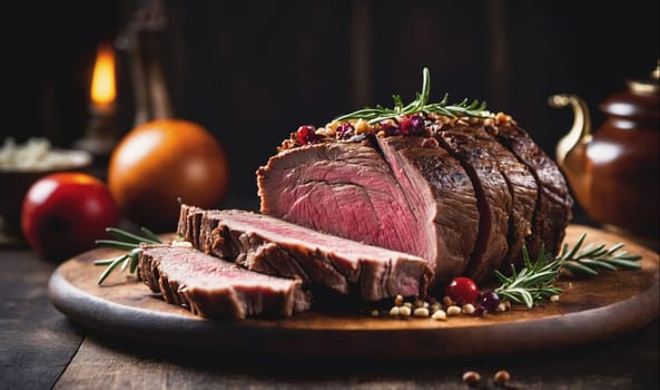 A roasted beef tenderloin sits on a wooden cutting board, garnished with rosemary and cranberries. The meat is sliced and arranged on the board. Scattered around the meat are peppercorns and other spices. In the background, you can see an out-of-focus apple and an orange.