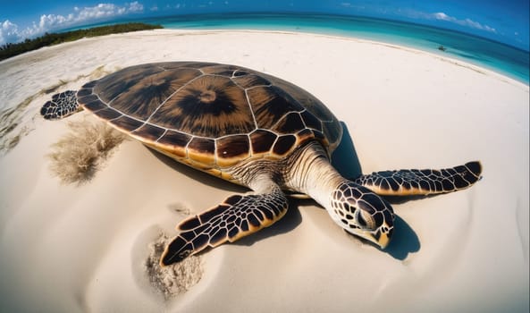A sea turtle lies on a sandy beach in the bright sunlight. The turtle is large and has a dark brown shell with black markings. The turtle's head is turned to the side, and its eyes are closed. The beach is white and powdery, and the water is blue and clear.