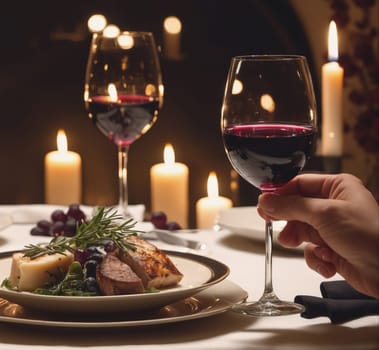 A candlelit dinner table is set with a plate of food, a glass of red wine, and a hand holding another glass of wine. The table is white and the background is a dark, warm setting with candlelight.