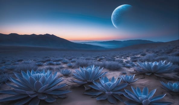 The image depicts a vast, desolate landscape with mountains in the distance. The sky is a deep blue, and the ground is covered in sand and a field of blue flowers. A crescent moon hangs in the sky, illuminated by the setting sun.