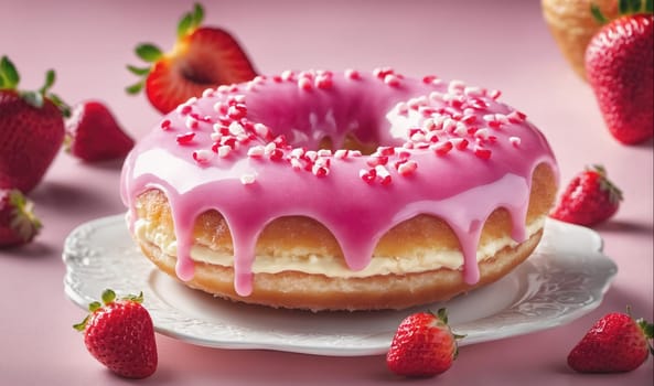 A pink glazed donut with sprinkles sits on a white plate, surrounded by fresh strawberries. The donut has a thick layer of pink frosting and is drizzled with additional frosting. The strawberries are arranged around the plate, creating a colorful and appealing display.