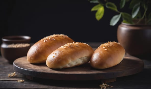 Three bread rolls, freshly baked, are arranged on a dark brown wooden cutting board. The rolls are topped with a sprinkle of white sesame seeds. The cutting board is surrounded by a dark wooden surface. A small brown pot with seeds is also visible in the background, as well as a plant with green leaves and a brown pot.
