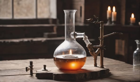 A glass flask with a candle inside is being heated by a metal stand with a candle holder. The flask is sitting on a wooden table in a dimly lit room.
