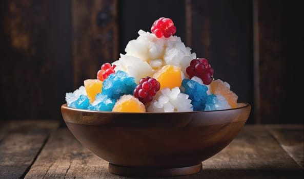 The image shows a bowl of shaved ice, which is a popular summer treat. The ice is topped with various fruits, including raspberries, and blue ice. The bowl is sitting on a rustic wooden table.
