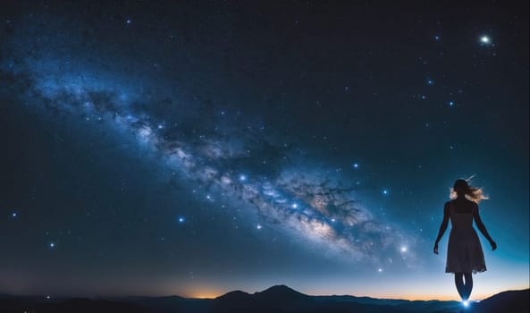A woman stands on a hilltop, gazing up at the Milky Way, which stretches across the night sky. The woman is wearing a dress and her hair is blowing in the wind.