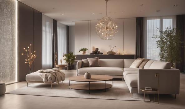 The living room is decorated in a modern style with a large sectional sofa, coffee table, and a decorative plant in the corner. The room has large windows with sheer curtains and a unique light fixture hanging from the ceiling. The sofa is off-white and the coffee table is made of wood with a metal base. The plant is green and leafy, adding a touch of nature to the space.