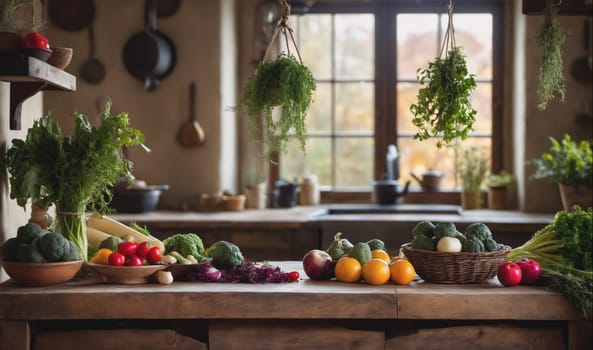 A wooden countertop in a rustic kitchen with a window is filled with fresh vegetables and fruit. Hanging from the ceiling, near the window, are bunches of fresh herbs. On the countertop, there are several bowls of produce, including broccoli, tomatoes, onions, and oranges.