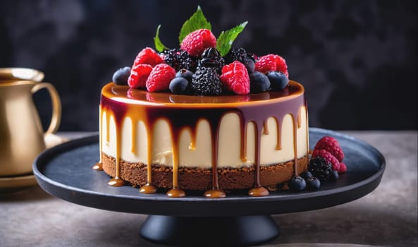 A cheesecake topped with fresh raspberries, blueberries, and blackberries is drizzled with a rich caramel glaze and sits on a black cake stand.