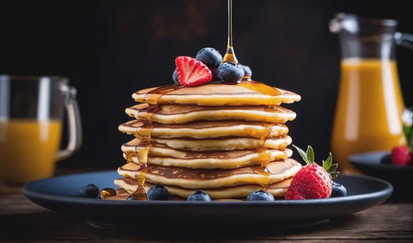 A stack of golden brown pancakes is being drizzled with maple syrup. The pancakes are on a black plate with blueberries and a strawberry for garnish. There is a pitcher of orange juice and a glass of orange juice in the background. The scene is set on a wooden table.