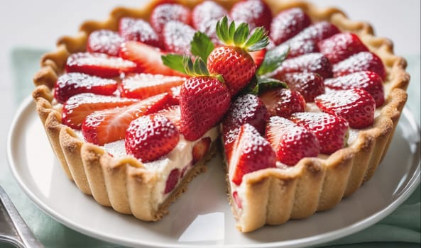 A whole strawberry tart with a flaky crust is filled with fresh strawberries and a creamy filling. The tart has a slice cut out of it and is sitting on a white plate.