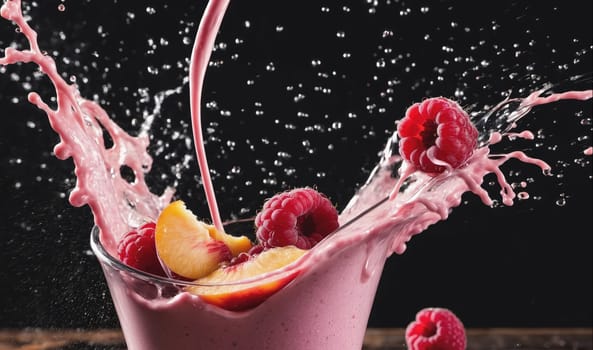 A pink smoothie is poured into a glass, creating a vibrant splash that sends raspberries and peach slices flying through the air. The smoothie's pink hue is emphasized by the contrasting dark background, highlighting the fresh, fruity ingredients.