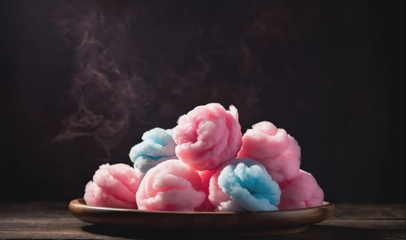 A plate of pink and blue cotton candy is displayed on a wooden table. The cotton candy is arranged in a pile, with smoke rising from the top. The cotton candy is still warm from the machine.