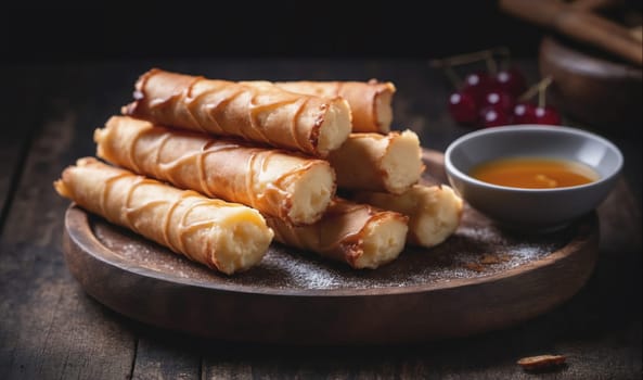 A stack of cream-filled pastry sticks is arranged on a wooden plate with a small bowl of orange sauce next to them. There are some red berries out of focus in the background.