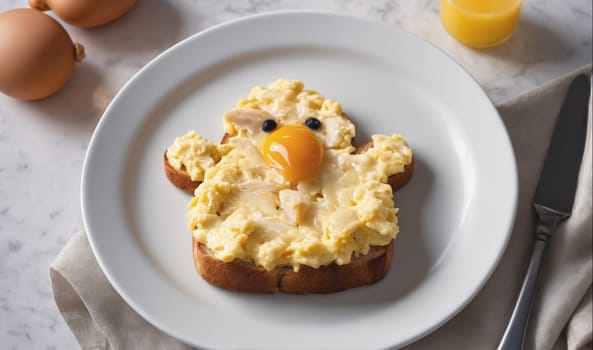 A chick-shaped toast is topped with scrambled eggs and a yolk for an eye. The toast is on a white plate, with a butter knife and two eggs visible in the background.