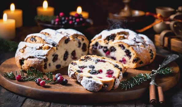 A slice of fruit bread sits on a wooden cutting board next to two other slices and some sprigs of pine. A knife and a few candles can be seen in the background. The bread is covered in powdered sugar and appears to be filled with raisins or berries. The setting is warm and inviting, with a rustic feel.