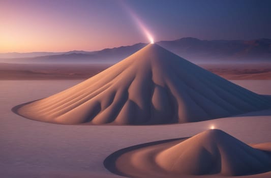 The image shows a large sand dune with a bright light at its peak in the desert. The dune is in the foreground, with a smaller sand dune in the background. The sky is a soft purple and orange, and the desert is a dusty brown.