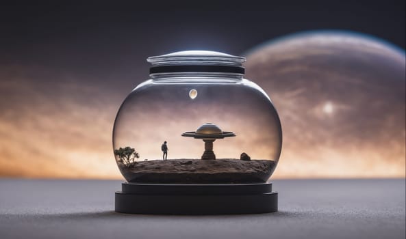 A glass sphere, with a black base, sits on a white surface. Inside the sphere, a miniature scene is depicted. The scene features a person standing on a dusty, brown planet, with a large, disc-shaped structure in the background. The sky above is cloudy and orange. In the distance, a large, hazy sphere can be seen.