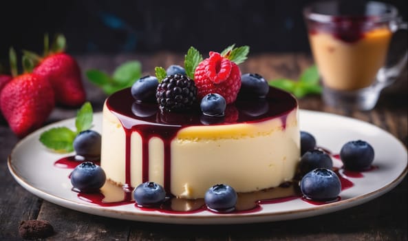 A cheesecake with a berry sauce is decorated with a raspberry, blackberry, and blueberries. The cheesecake is on a white plate surrounded by more blueberries and a few strawberries. The plate sits on a wooden table.
