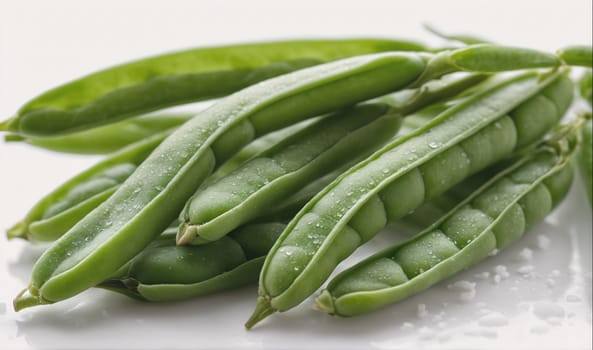 A close-up image of several green pea pods on a white background. The pods are fresh and have water droplets on their surface.