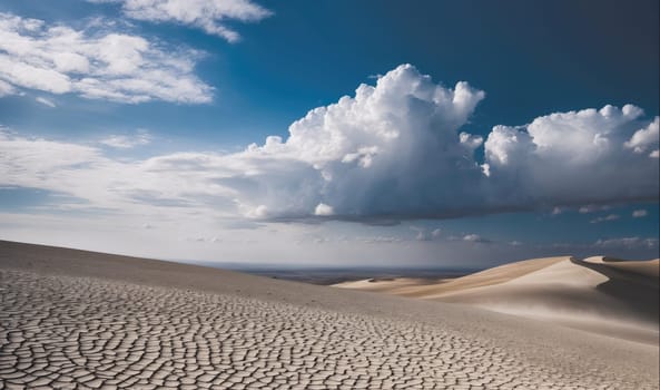 The image shows a sandy desert landscape with a large, white cloud in the sky. The sand is cracked and dry, and there are dunes in the distance. The sky is blue and clear.