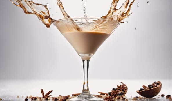 A martini glass filled with a light brown liquid has a splash of the liquid going out of the top. There are spices around the base of the glass and the background is a light gray.