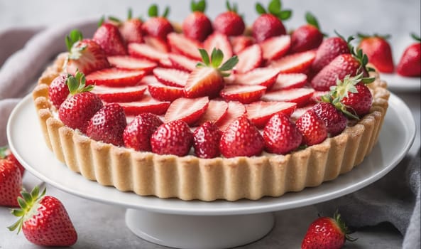 A delicious strawberry tart sits on a white cake stand, surrounded by whole strawberries. The tart is filled with a creamy custard and topped with sliced strawberries.