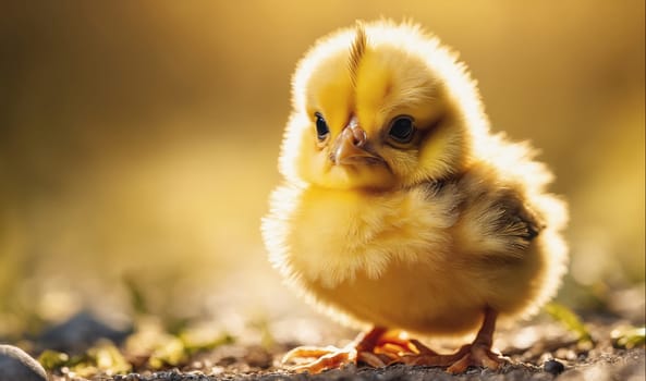 A fluffy yellow chick stands in the golden light of the setting sun. Its soft feathers are illuminated by the warm rays, and it has a small, delicate beak. The chick is standing on a bed of grass and rocks, its legs and feet are visible.